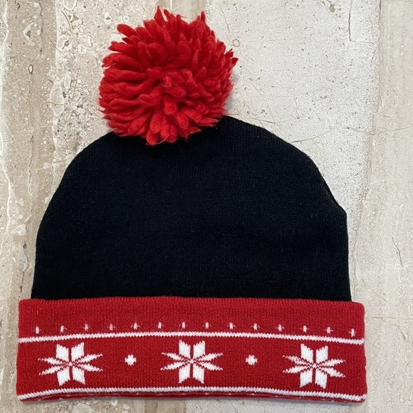 Disney Minnie Mouse Cuff Beanie Hat Black Red Pom Snowflakes‎ Holiday Christmas - Picture 3 of 16